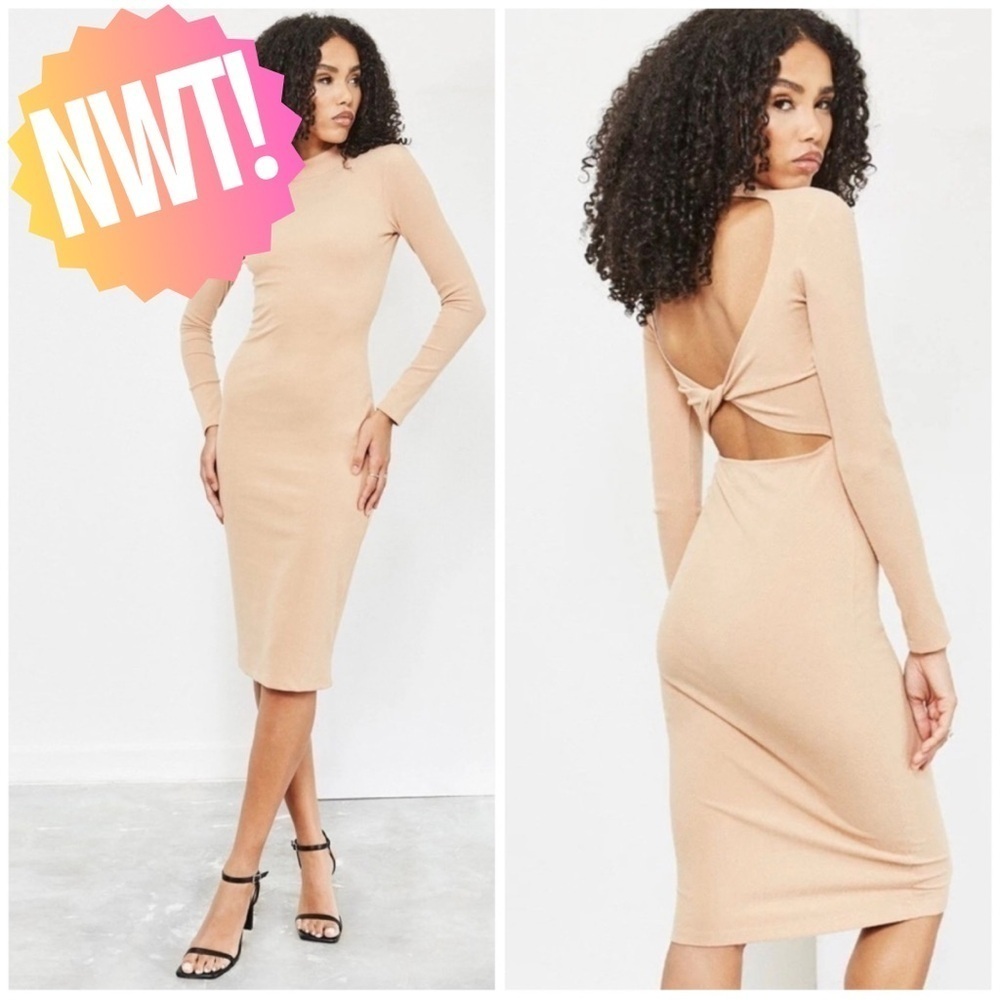 T020 4TH & RECKLESS Hutton Mock Neck Twist Back Body-con Dress In Camel